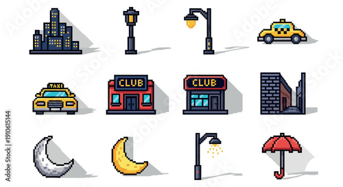 A collection of urban-themed icons including a taxi, club buildings, lamps, and moons in colorful pixel art style, perfect for nightlife and transportation projects