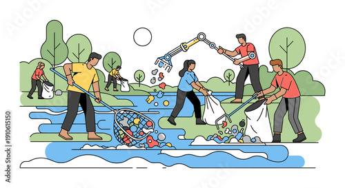 People and a robotic arm collaboratively clean a polluted river and its surrounding park area, collecting trash in bags to protect the environment.