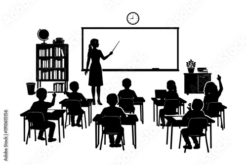 Silhouette classroom scene with female teacher and diverse children learning.