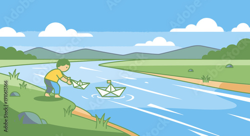 A young boy playing by a river, launching paper boats into the flowing water on a sunny day with green hills in the background.