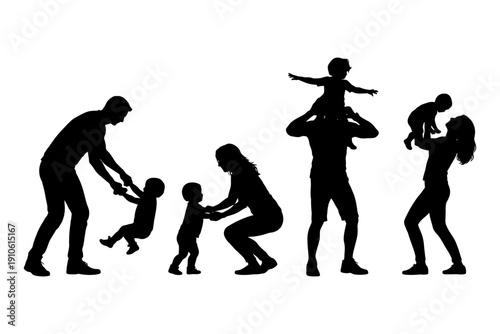 Silhouette of parents playing with children in various poses.