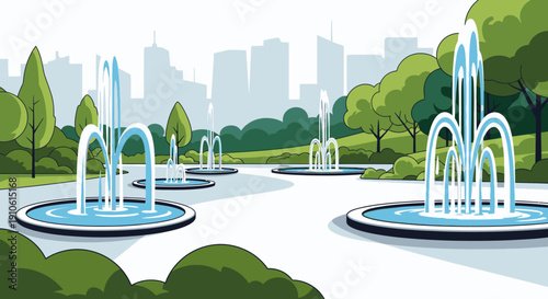 A vibrant park scene featuring multiple water fountains with a city skyline in the background, surrounded by lush green trees and bushes.