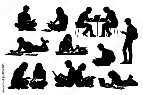 Silhouettes of diverse students engaged in learning activities.