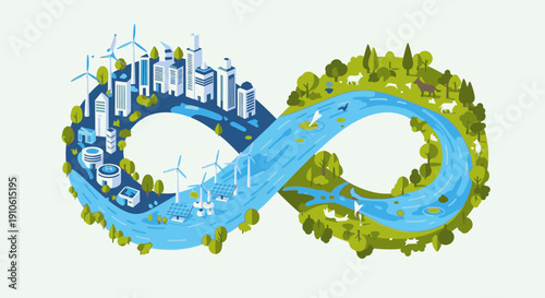 An illustration of an infinity symbol depicting the interconnectedness of urban development, industry, and natural ecosystems, emphasizing sustainability and environmental balance.