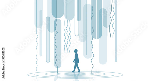 A person walks through a field of abstract blue shapes and data streams, creating ripples on a reflective surface.