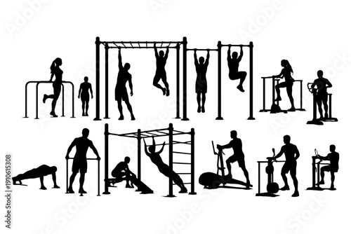 Group of diverse adults engaging in outdoor fitness activities and exercise.