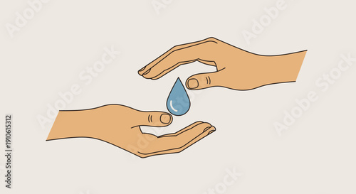 Two hands gently cradle and protect a single blue water droplet, symbolizing water conservation and care.