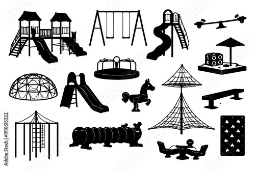Collection of black silhouette playground equipment illustrations.
