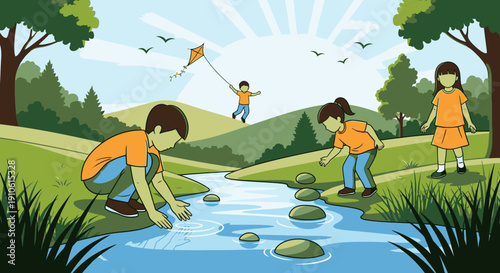 Children playing by a river in a vibrant green landscape under a sunny sky, enjoying outdoor activities like flying a kite and splashing water.