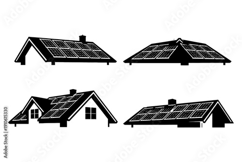 Silhouettes of houses with solar panel roofs in various designs.