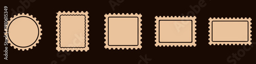 A set of postage stamp templates of various shapes with frames on a dark background. Vector illustration.