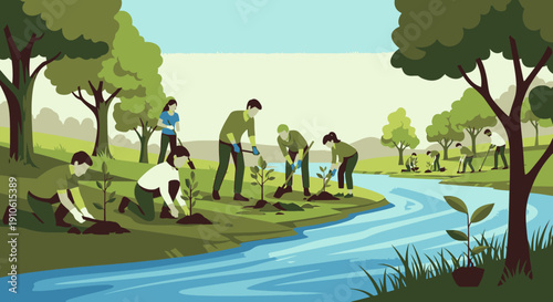 Group of people planting young trees along a riverbank in a lush green natural environment, symbolizing reforestation and environmental conservation efforts.