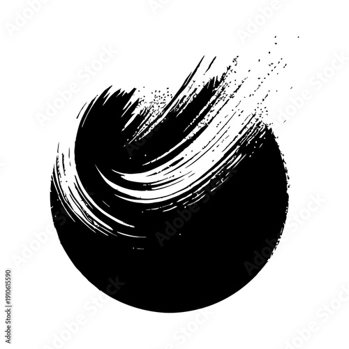 Abstract graphic illustration in the form of a circular wave or vortex, made with bold black brush strokes. Dynamic composition isolated on white background.