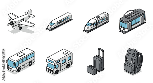 A collection of transportation icons including an airplane, train, bus, and backpack in flat modern vector style, ideal for travel-related projects