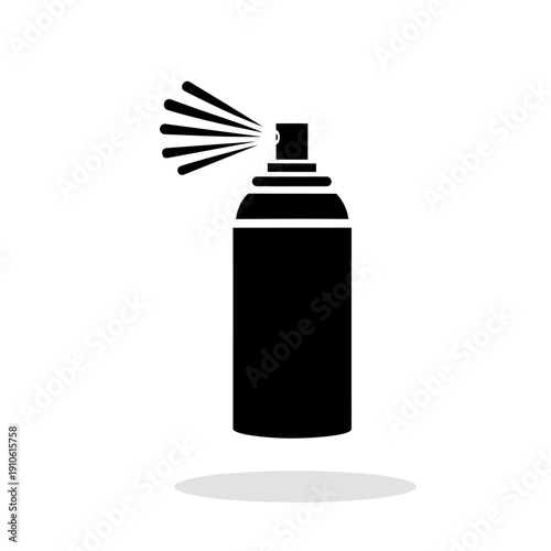 Black silhouette icon of an aerosol spray can under pressure, spraying a substance. Minimalist vector illustration of a spray with a soft shadow at the bottom.
