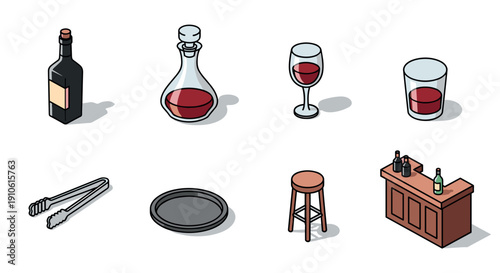 A set of wine-related items including a bottle, decanter, glasses, and bar accessories in flat modern vector style, ideal for beverage branding and hospitality design
