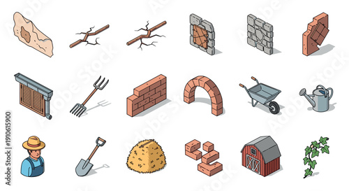 A collection of gardening and agriculture icons including tools, bricks, and a barn in flat vector style, ideal for farming projects and illustrations
