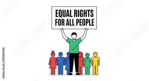Diverse group of people advocating for social justice and equality, holding a sign that says "EQUAL RIGHTS FOR ALL PEOPLE" against a clean white background.