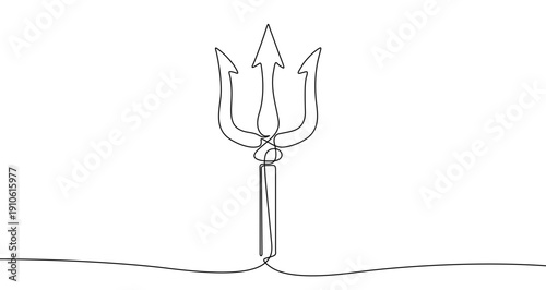 A trident, rendered in line art style. This weapon or symbol is depicted with an editable black outline on a white background. Vector illustration.