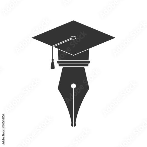 Education graphic logo. Ink pen in bachelor hat isolated sign on white background. University or academy graduation symbol. Vector illustration