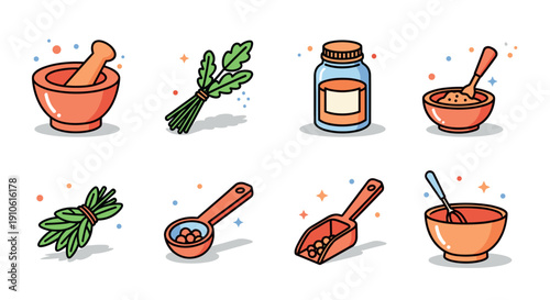 A collection of cooking ingredients including herbs, spices, and kitchen tools in colorful flat vector style, perfect for culinary designs