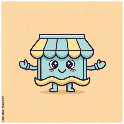 Cartoon Storefront Character with Awning and Smile.