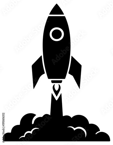 Black filled icon of a space rocket taking off with smoke isolated on white background for business and technology concepts