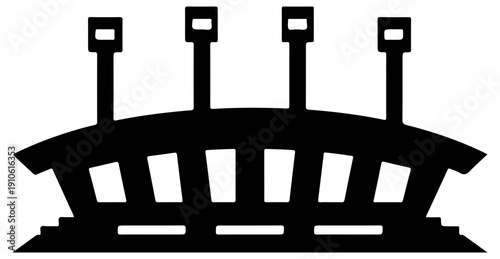 Black silhouette icon of sports stadium with floodlights on white background for design