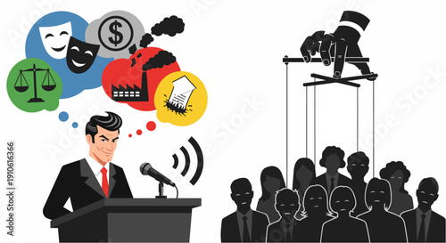 A powerful speaker influences the public with rhetoric, manipulating their thoughts and actions through persuasive communication and control.