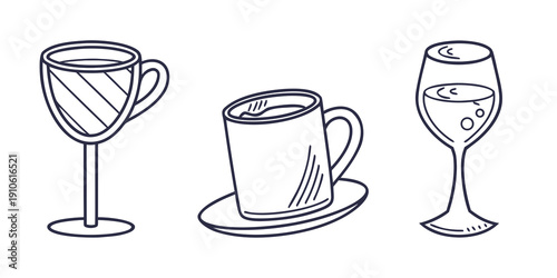 Three different types of glasses and a cup on a white background