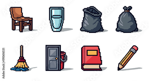 A collection of pixel art icons including a chair, glass, trash bags, broom, door, fire extinguisher, book, and pencil in modern vector style, ideal for educational and cleaning themed projects