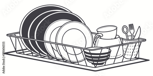 A black and white illustration of a dish rack filled with various dishes.