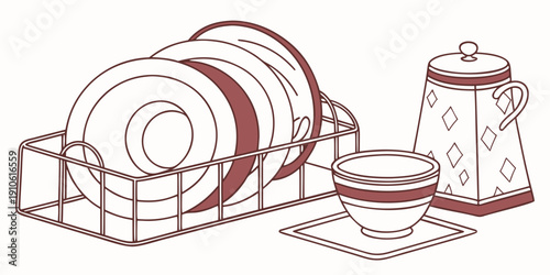 A collection of plates, bowls, and a teapot on a kitchen counter.