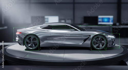 Automotive engineer working on computer aided car design for vehicle development. Advanced auto technology and futuristic transport concept.