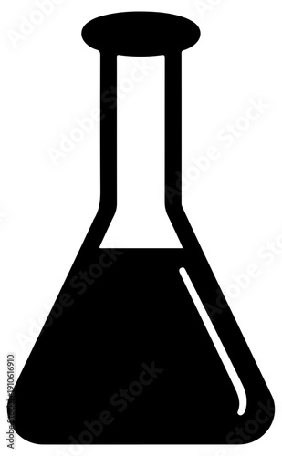 Black volumetric flask icon with stopper on white background for science and laboratory use
