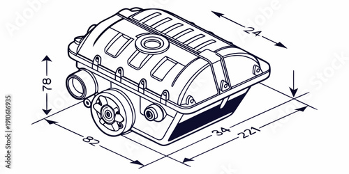 A detailed diagram of a complex engine block with various components labeled