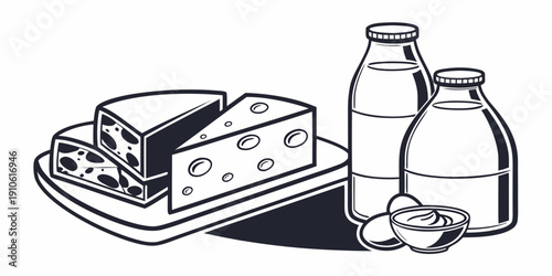 Assorted dairy products including cheese and milk on a tray