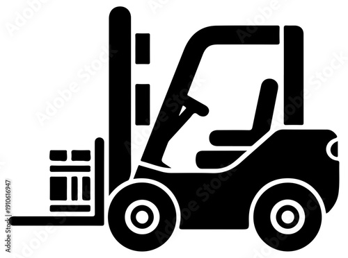Black silhouette of a warehouse forklift with pallet isolated on white background for industrial and logistics concepts