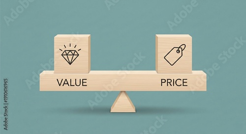 Wooden blocks on balance scale showing value and price icons, concept of cost, worth, business decision, financial strategy, customer perception Block.

