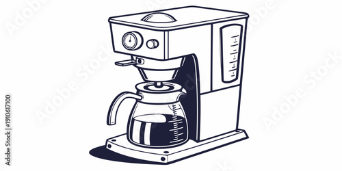 A classic black and white illustration of a coffee maker on a countertop.