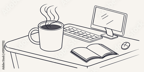 A cozy workspace with a laptop, notebook, and a steaming cup of coffee