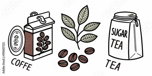 A visual representation of coffee and tea with their respective beans and leaves.