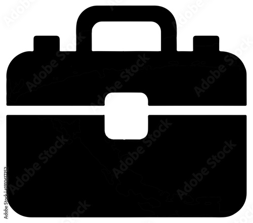 Black filled icon of a worker's lunch box isolated on white background with handle and clasp