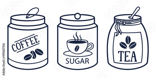 Three jars labeled coffee, sugar, and tea with corresponding illustrations on a white background