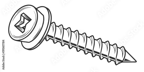 A detailed drawing of a screw with a star-shaped drive and sharp threads