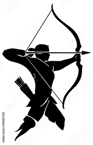 Black silhouette of archer drawing bow and arrow in mid shot with quiver