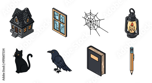 A collection of spooky Halloween-themed icons including a haunted house, black cat, crow, spiderweb, lantern, book, and pen in flat vector style, suitable for festive design projects