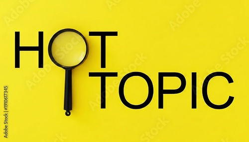 Magnifying glass on hot topic text with bold black letters and bright yellow background featuring trending, popular, discussion with investigation and search elements for discovery, vibrant projects,