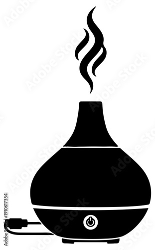 Black icon of electric essential oil diffuser with steam on white background