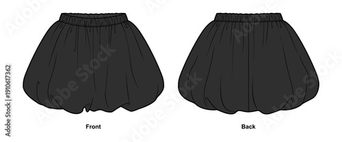 Black Elastic Waist Bubble Skirt Technical Fashion Illustration. Voluminous Puff Hem Mini Silhouette. Front and Back View CAD Vector Template.